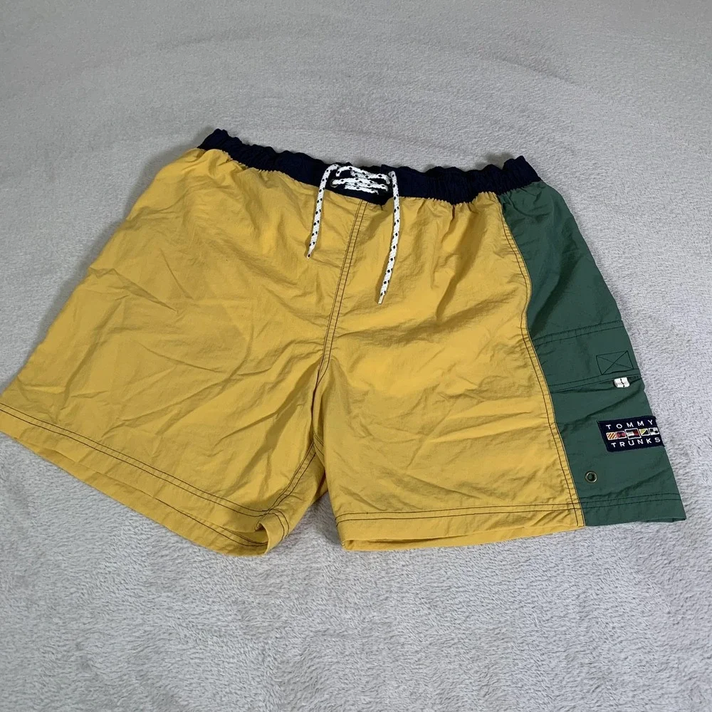 Vintage Tommy Hilfiger Swim‎ Trunks Mens M Yellow Green Colorblock Tommy Trunks